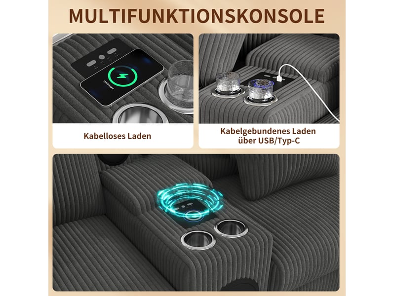 Canapé modulaire 6 places 315,5 x 144 cm – gris – console bluetooth, recharge sans fil et rangement - Conforama E