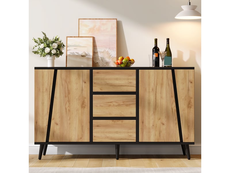  Buffet 120x40x70 cm bois naturel et noir, 2 portes, 3 tiroirs et rangements  - Conforama B