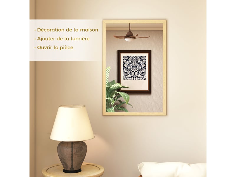  Miroir mural rectangulaire 60 x 40 cm, cadre en bois naturel, salon ou chambre, idéal pour la salle de bain  - Conforama D