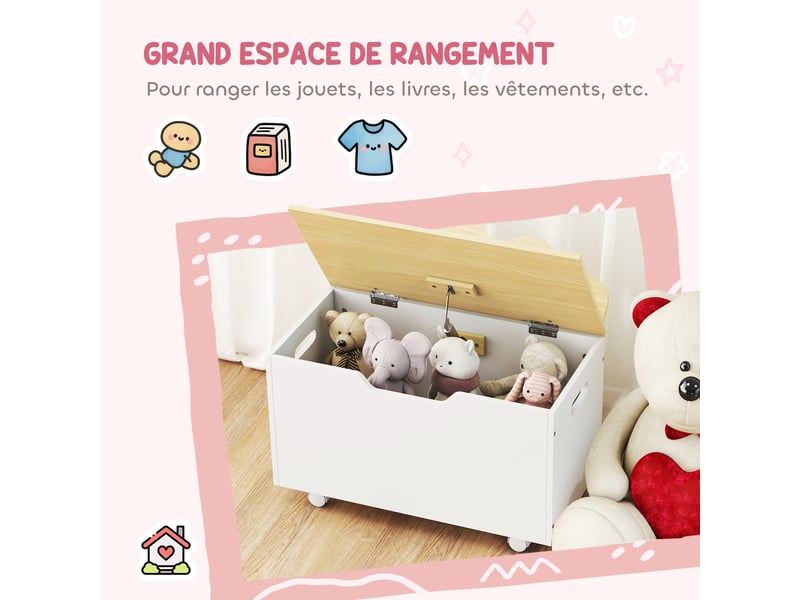  Coffre à jouet enfant sur roulettes, coffre de rangement enfant avec couvercle rabattable, blanc, 59 x 30 x 53 cm  - Conforama A