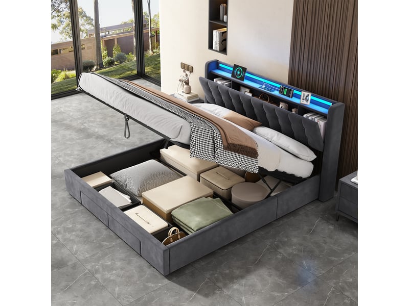 Lit coffre 2 places 180x200 cm avec led et tiroirs, coloris gris - Conforama B