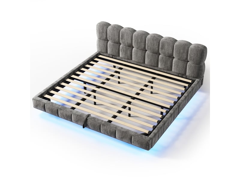 Lit coffre bubble en chenille gris 160x200 cm avec led, usb et type-c Fay Lum - Conforama R