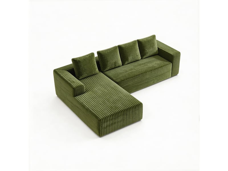  Canapé nuage d'angle modulable 4 places 261x168x58 cm, méridienne droite, assise profonde en mousse et ressorts, velours côtelé vert Radiant Stride - Conforama A