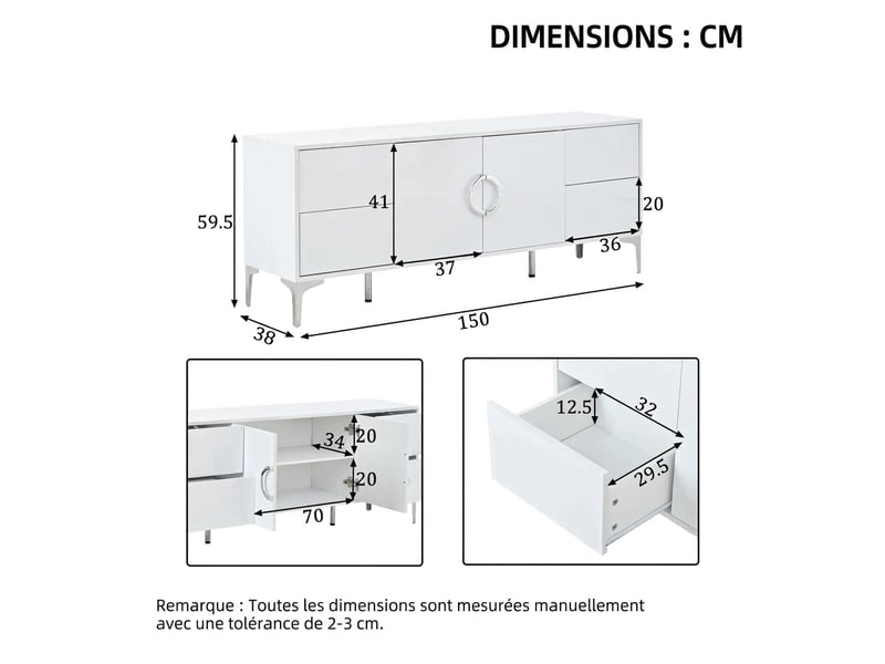  Buffet blanc laqué 150 cm meuble de rangement 4 tiroirs 2 portes mdf pieds en métal  - Conforama C