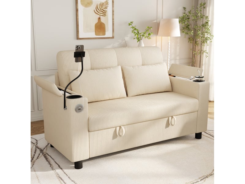  Canapé 2 places 136,5 x 79,5 x 83,6 cm – beige – velours côtelé avec rangements, usb et porte-gobelets  - Conforama D