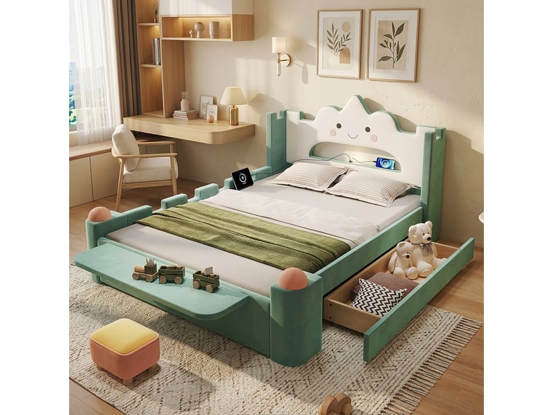  Lit double 140x200 cm, lit rembourré, tiroirs, étagères, barrière antichute, led, port usb, velours bleu et vert  - Conforama W