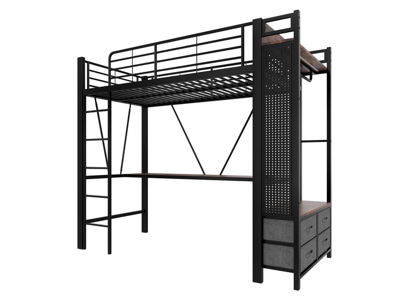 Lit mezzanine noir 90x200 cm avec bureau, 4 tiroirs, led, usb et type-c - Conforama E