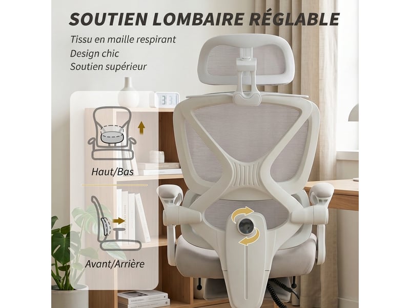  Chaise bureau ergonomique avec appui-tête réglable, fauteuil de bureau inclinable en maille, dossier séparé, gris  - Conforama E