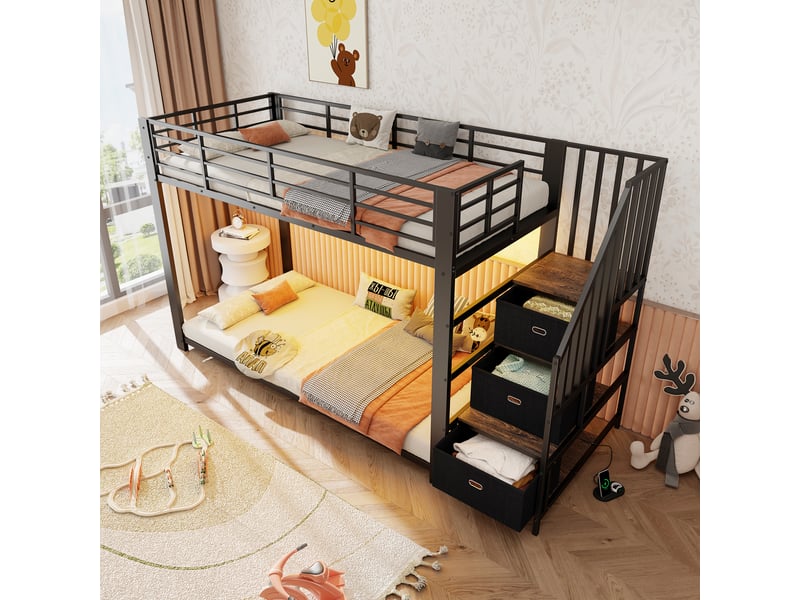 Lit superposé 90x200 cm avec escalier réversible, rangements intégrés, éclairage led et prises usb, structure métal, noir OMNIGLINT TRADING LTD - Conforama D