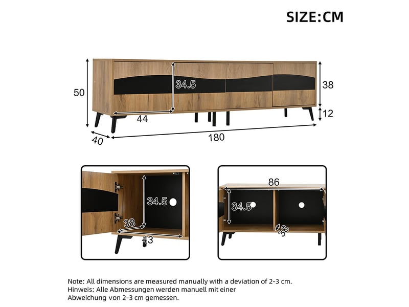 Meuble tv couleur bois support noir 4 armoires 8 pieds capacité charge 30 kg design symétrique bas  - Conforama E
