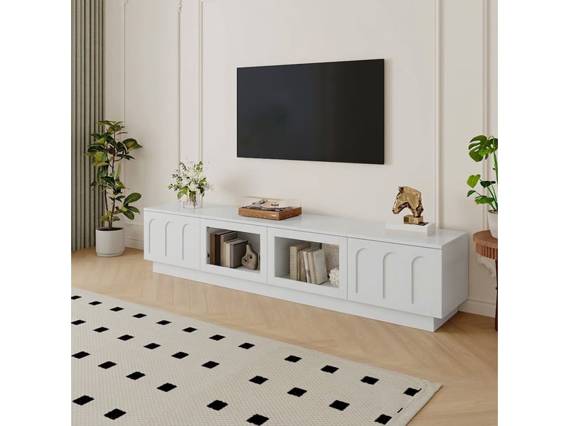 Meuble tv noir 200 cm avec led contrôlée par app et portes en verre ovale - Conforama E