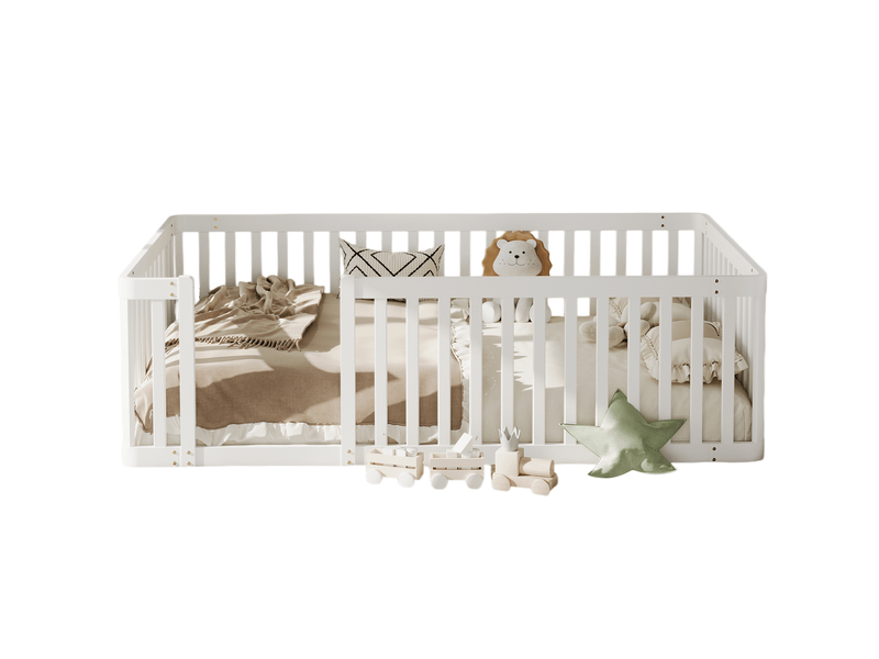 Lit enfant 90x200 cm, lit 1 place, barrière latérale semi-fermée, montage facile, bois, blanc, sans matelas ou sommier  - Conforama A