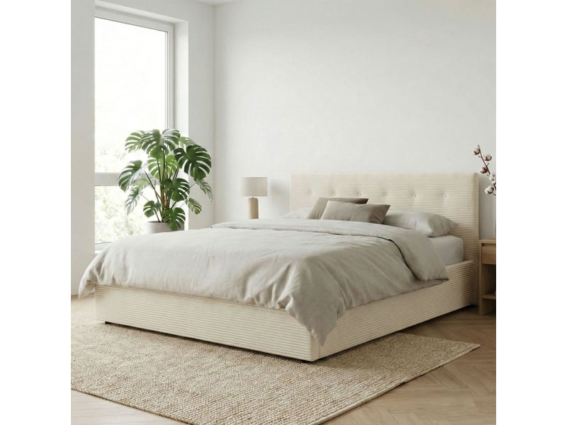  Lit coffre 140x190 velours côtelé écru avec tête de lit terre de nuit  - Conforama B
