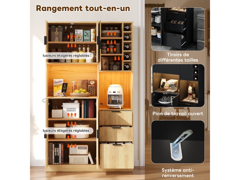 Meuble de cuisine muvano, buffet de cuisine avec casier à vin, naturel, 105 × 40 × 180 cm - Conforama E