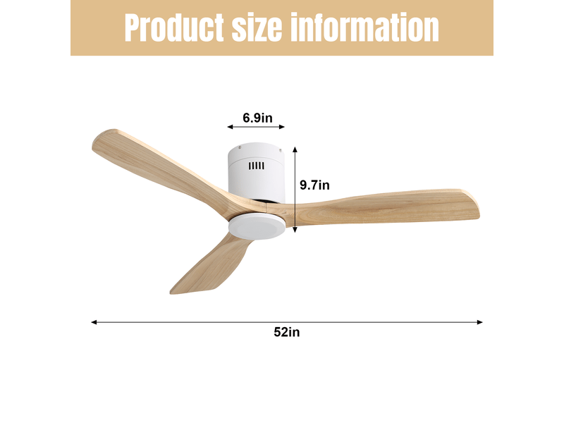  Ventilateur de plafond sans lumière 132 cm, 3 pales bois massif, moteur dc silencieux, télécommande, 6 vitesses, minuterie  - Conforama B