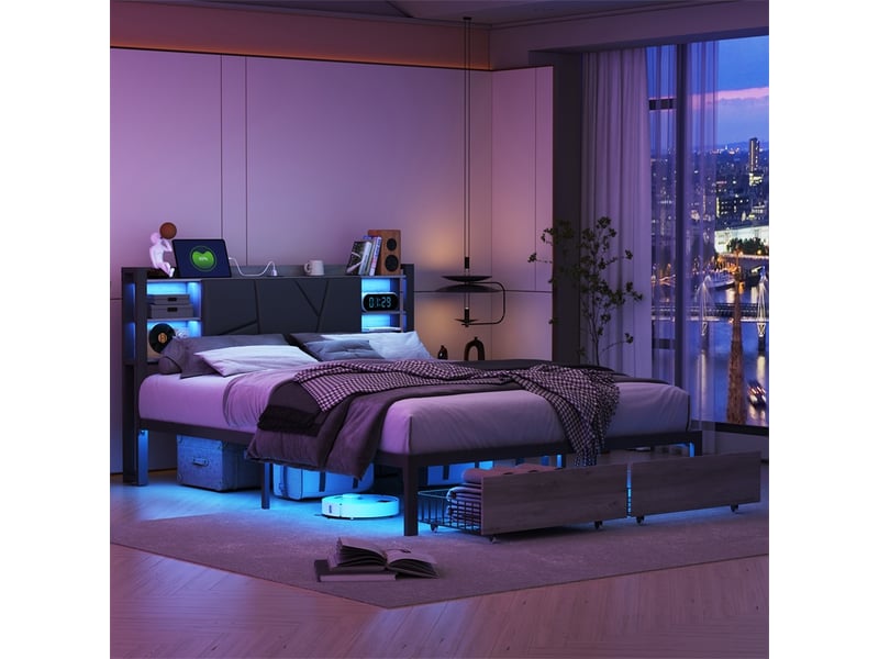  Lit 140x200cm - lit double 140x200cm - lit avec tête de lit led rgb, station de charge et 2 tiroirs - noir et bois vintage  - Conforama D