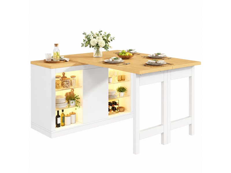 Îlot de cuisine extensible 120-197 cm avec led rgb réglable par application, portes magnétiques, blanc et noir - Conforama A