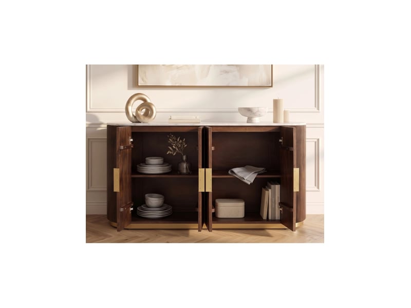  Buffet orion 140 cm en bois massif de manguier et marbre blanc – 4 portes – marron, blanc et doré  - Conforama D