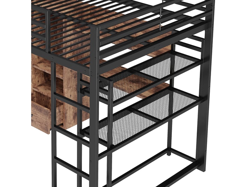  Lit mezzanine 140x200 cm avec bureau, tiroir et étagères, led 16 couleurs, structure en métal et mdf, noir  - Conforama W