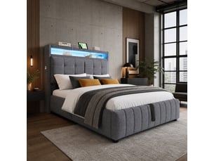 Lit coffre ulevr 140 x 200 cm avec led et prise usb, tête de lit avec étagère et rangements, coffre hydraulique, tissu lin gris