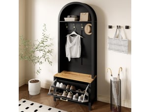 Vestiaire d'entrée 195 x 75 x 35 cm en mdf avec crochets, étagère et rangement à chaussures noir et bois chicfurn