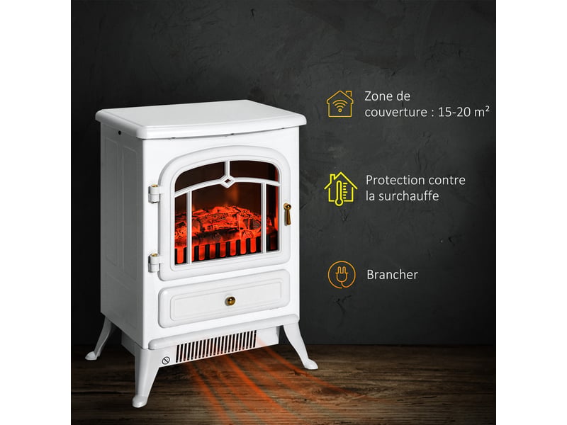  Cheminée électrique à effet de flamme poêle style rétro thermostat 950-1850 w anti surchauffe blanc  - Conforama D