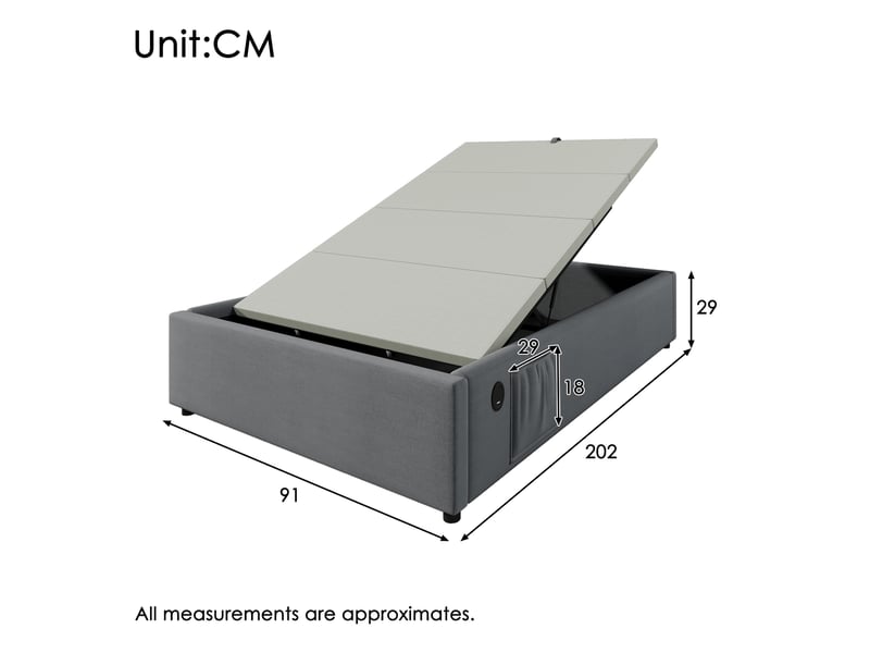  Sommier coffre 90x200 cm avec usb-c et poches latérales, lin, gris, sans matelas  - Conforama C