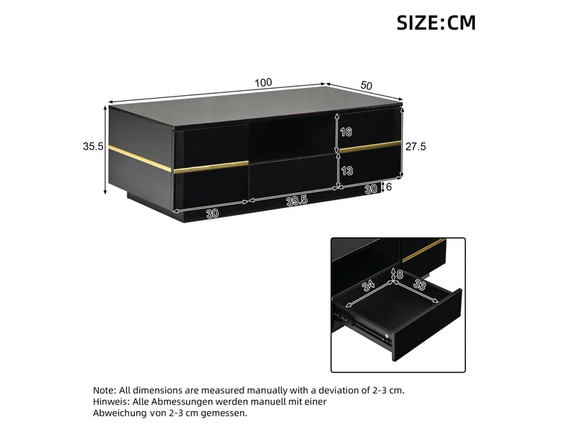  Table basse led avec 2 portes, 1 tiroir et niche ouverte, finition brillante noire et accents dorés, 100 × 50 × 35,5 cm  - Conforama E