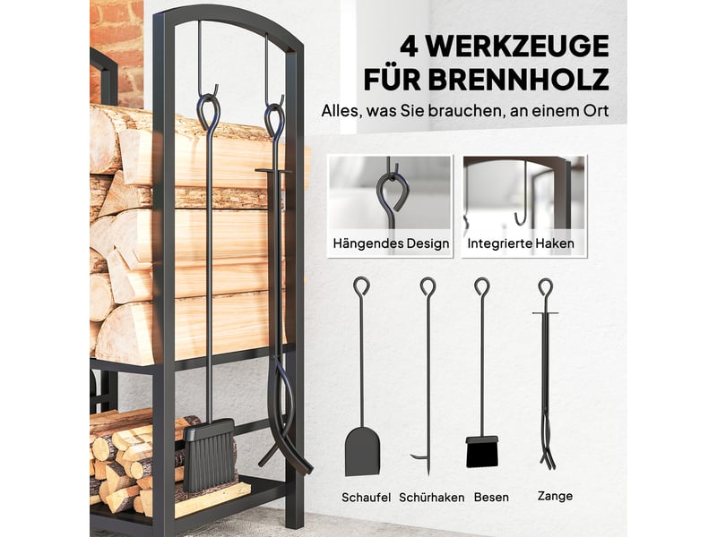 Porte-bûches en acier noir à 2 niveaux avec serviteur 4 pièces, charge 100 kg  - Conforama W