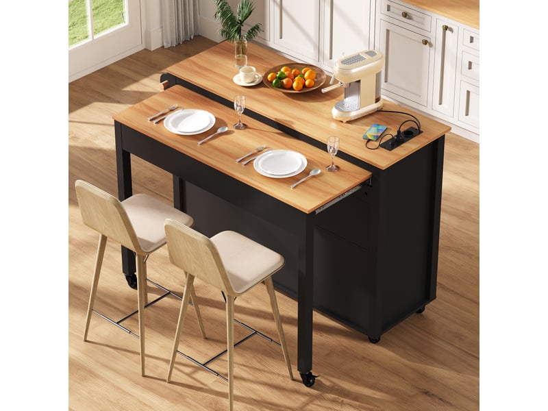  Îlot de cuisine sur roulettes extensible avec prises intégrées, compartiment pour poubelle, mdf, noir  - Conforama D