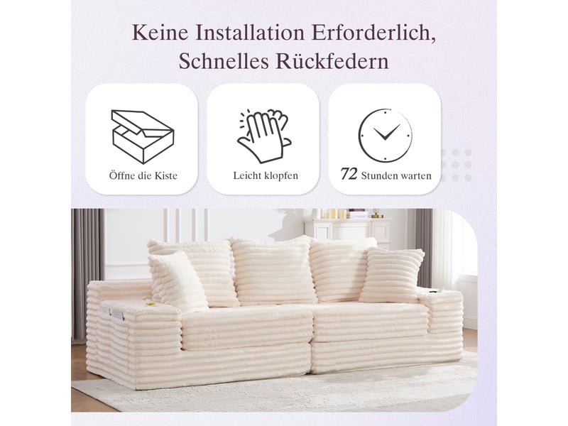  Canapé droit convertible en velours côtelé beige, 3 places, dossier haut, poches et porte-gobelets, salon 273x98x87cm - Conforama W