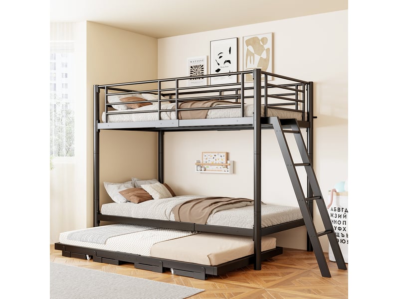 Lit superposé 90 × 200 cm avec lit gigogne coulissant en métal noir, couchage modulable pour chambre d’enfant - Conforama D