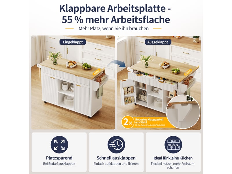 Îlot de cuisine mobile blanc et bois naturel en mdf, plateau rabattable, 2 tiroirs et 2 portes, range-épices, 120 × 45 cm - Conforama C