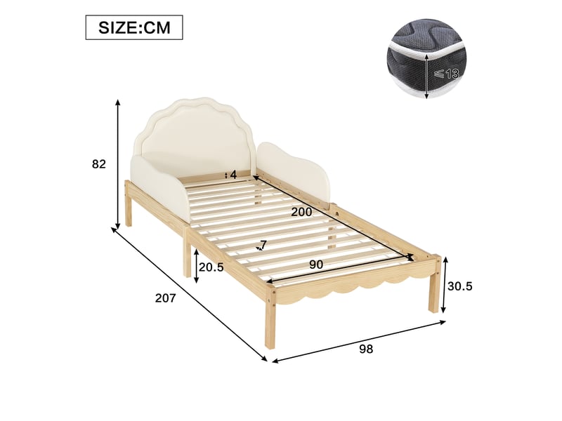  Lit enfant rembourré 90x200 cm avec tête de lit en pu, barrières latérales, sommier à lattes et cadre en bois, beige.  - Conforama C