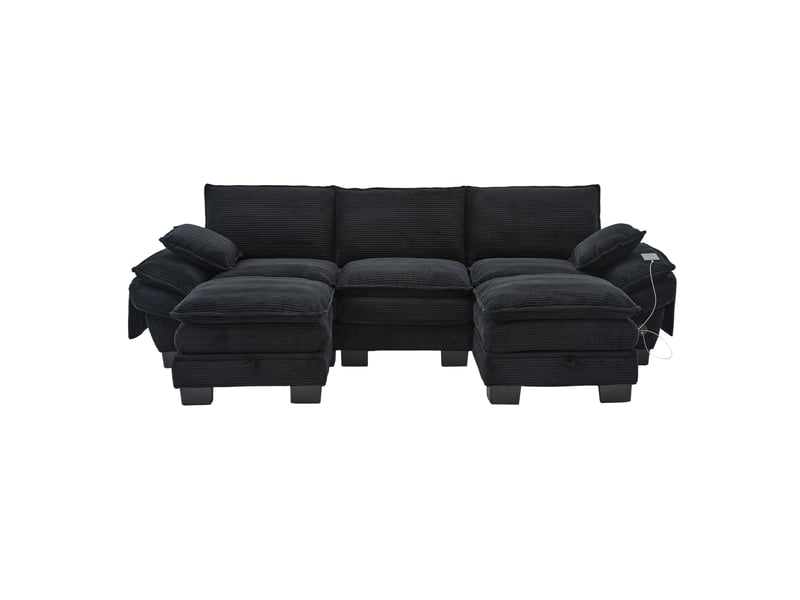  Canapé d'angle 3 places en velours côtelé noir avec 2 poufs et rangement intégré sous le pouf  - Conforama A