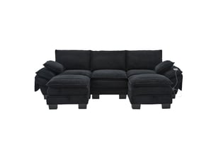 Canapé d'angle 3 places en velours côtelé noir avec 2 poufs et rangement intégré sous le pouf