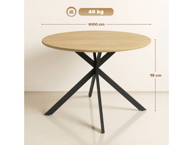 Table à manger ronde pour 4 personnes 100 cm, style industriel avec plateau aspect bois, piètement croisé en acier chêne - Conforama C