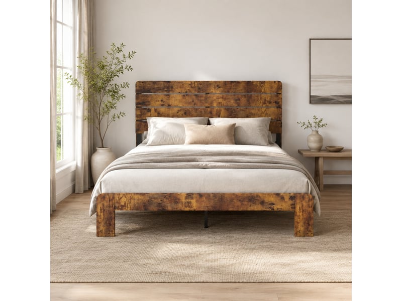  Lit double 140×200 cm tête de lit haute, cadre métal  - sans matelas, mdf et métal - marron  - Conforama B