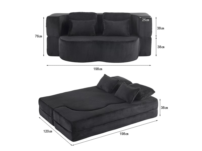  Canapé droit convertible 2 places en velours noir avec 4 coussins, mousse haute densité pour salon et chambre  - Conforama C