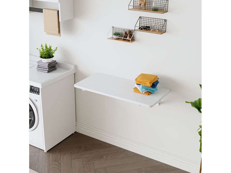  Bureau pliant multifonctionnel mural avec plateau rabattable et support métallique pour cuisine et buanderie, blanc  - Conforama D