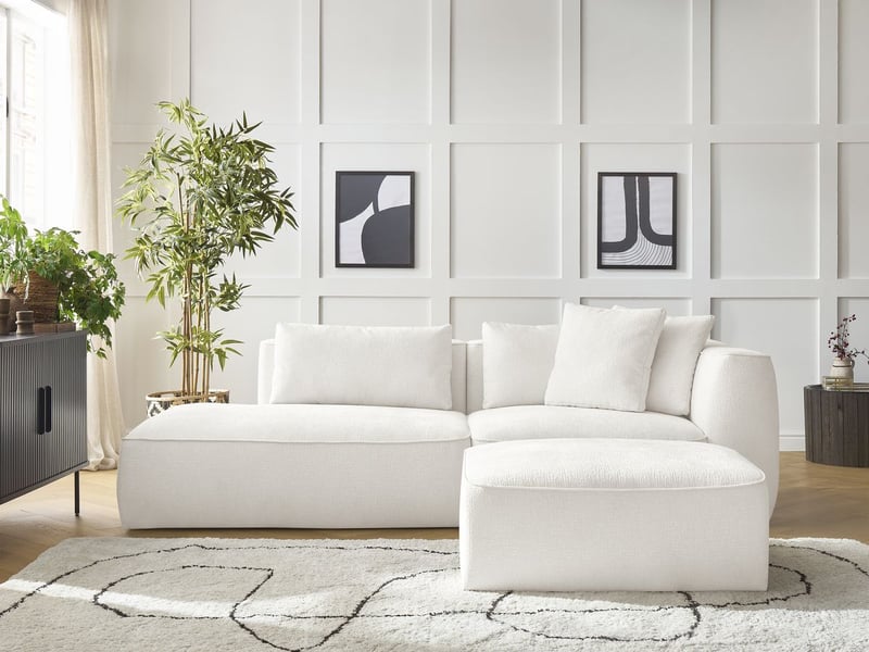  Bobochic canapé droit fixe 3 places leopold tissu texturé avec pouf blanc  accoudoir droit LEOPOLD - Conforama C