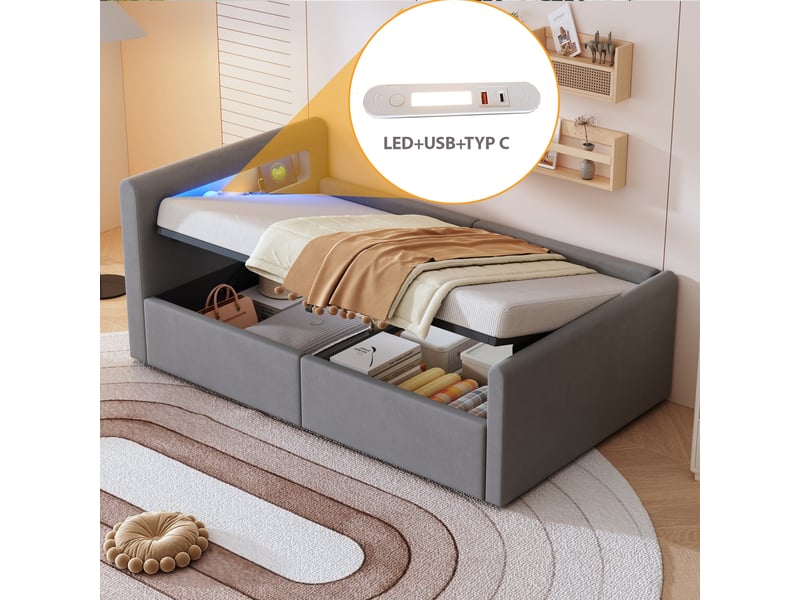  Lit enfant capitonné 90x200 cm en velours gris, led, usb et coffre hydraulique, avec étagère  - Conforama E