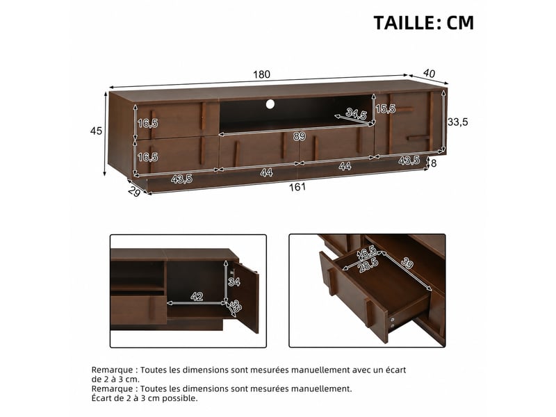  Meuble tv 180 cm pour tv jusqu'à 75 pouces, 4 tiroirs, finition noyer  - Conforama C
