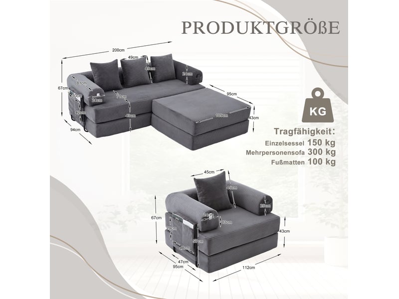  Canapé modulable modenvie 4 places velours côtelé gris foncé 200 x 190 x 67 cm  - Conforama C