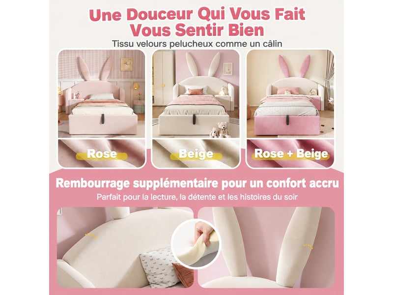  Lit coffre hydraulique 90 x 200 cm en velours beige avec sommier à lattes et chevet réversible  - Conforama R