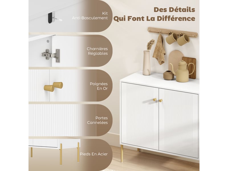 Buffet salon, meuble de rangement avec double porte cannelée, étagère réglable, pieds en acier, 80 x 39,1 x 76 cm, blanc - Conforama E