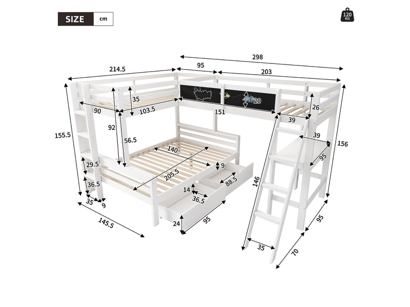  Lit mezzanine enfant 3 places 140 × 200 cm et 90 × 200 cm avec bureau, étagère, tiroirs, sans matelas, bois, blanc  - Conforama E