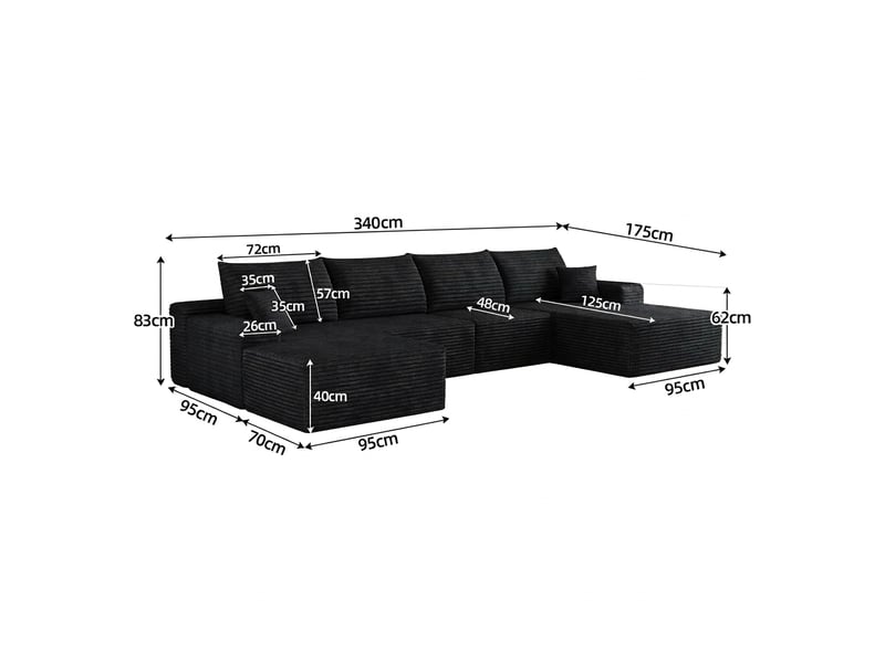  Canapé d’angle modulable 5 places, méridienne en l, velours côtelé noir, 340 cm  - Conforama C