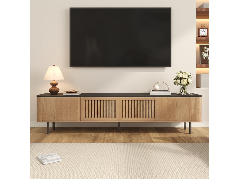  Meuble tv bas 190x35x45cm portes ajourées rangement | design moderne effet chêne et noir métal | portes grille charge 60kg - chêne et noir  - Conforama B