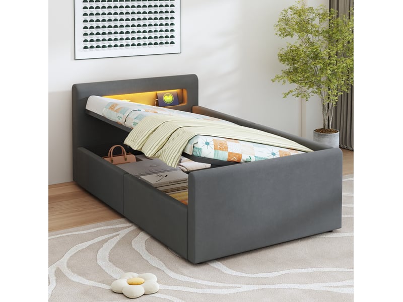  Lit enfant 90x200 cm coffre hydraulique, éclairage led et port usb en velours gris  - Conforama D